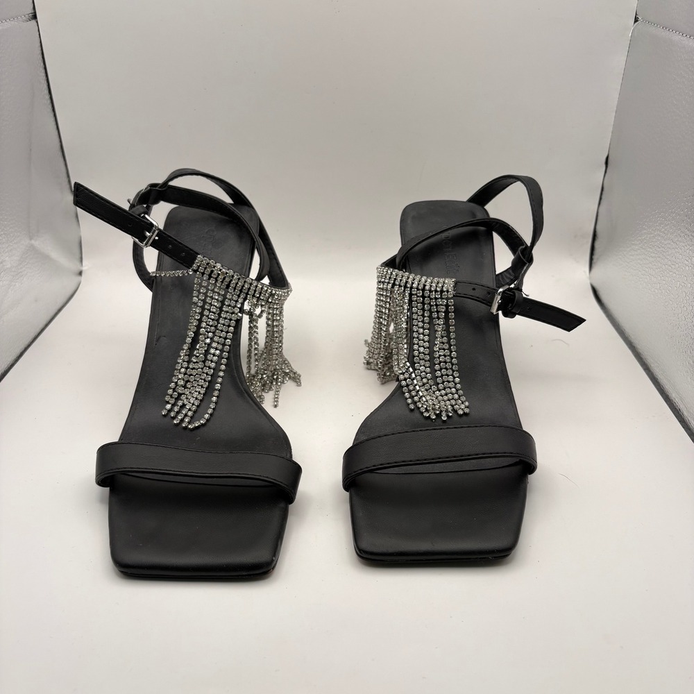 Open Edit Womens Black Rhinestone Fringe Ankle Strap Square Toe Stiletto Heels